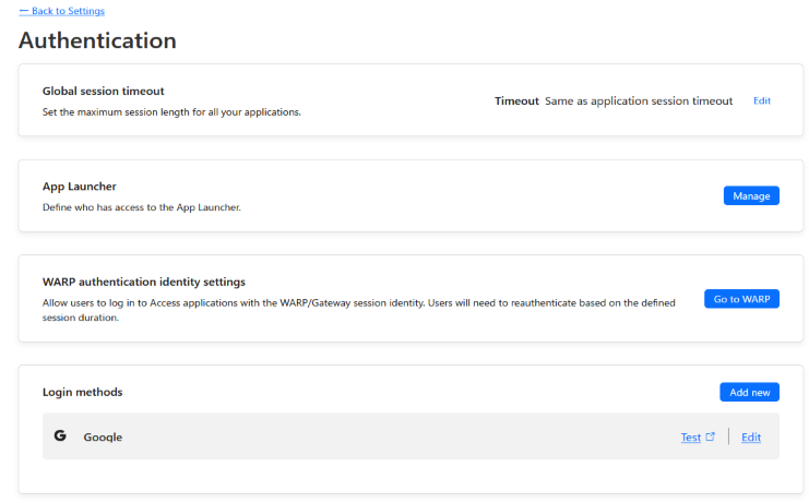 図. Cloudflare One 「Settings」>「Authentication」画面
